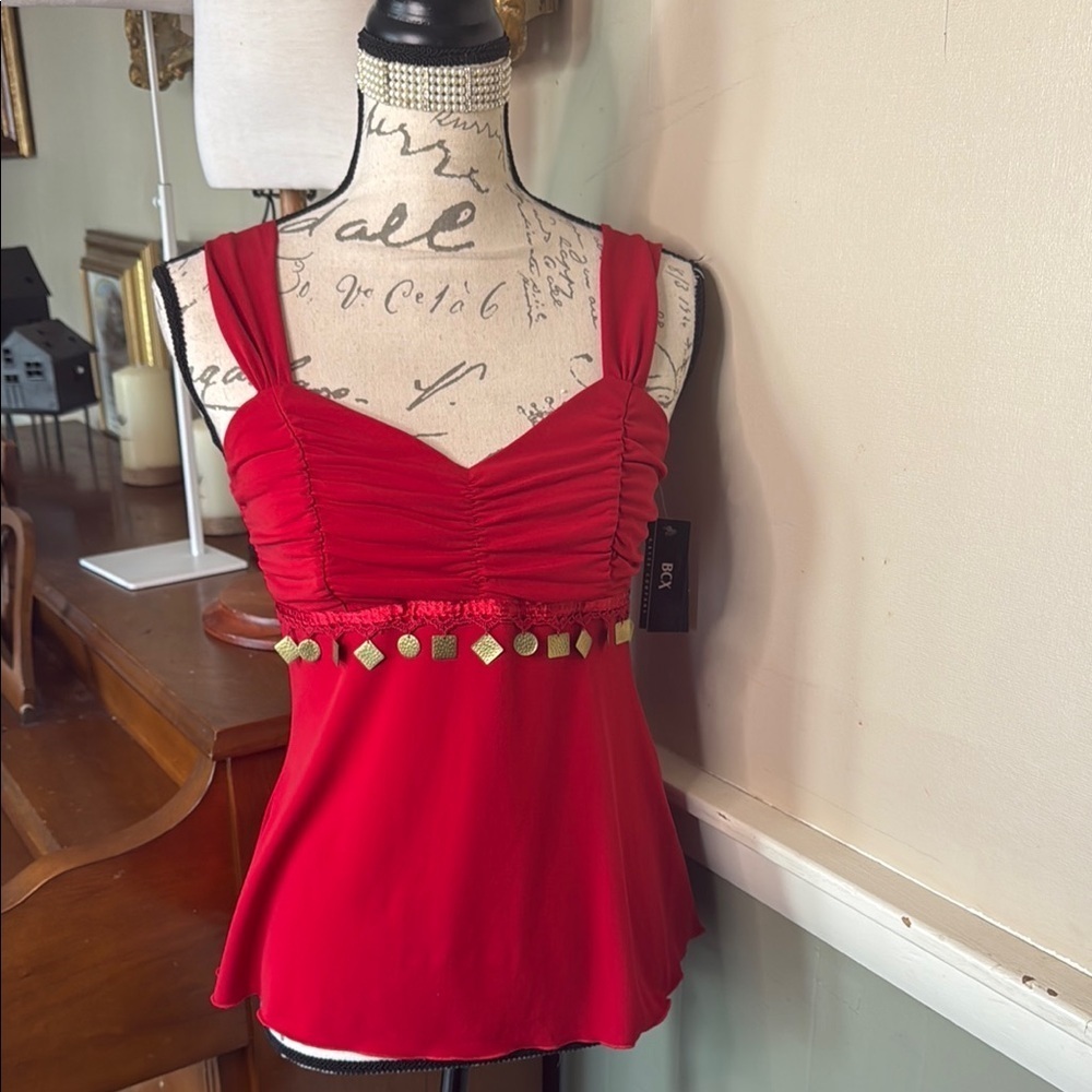 BCX Red Sleeveless Embellished Top MADE IN USA NWT